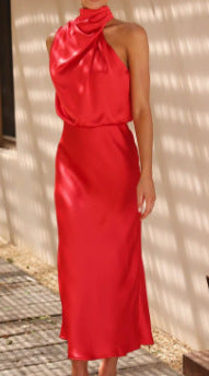 Damen Fließendes Maxikleid mit elegantem Stehkragen und Drapierung Echoarchiv