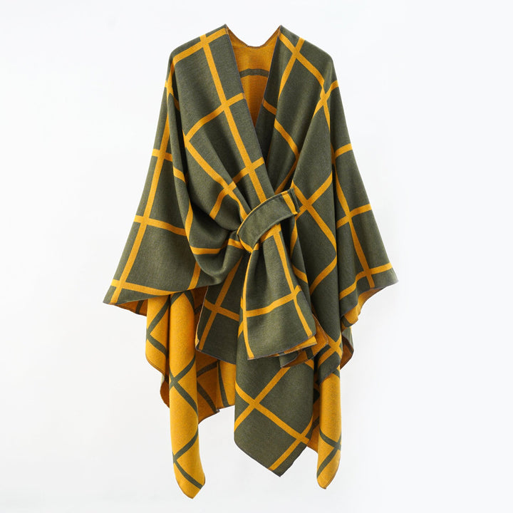 Damen Oversize Wollmix Poncho mit Gürtel und Karomuster Echo Archiv
