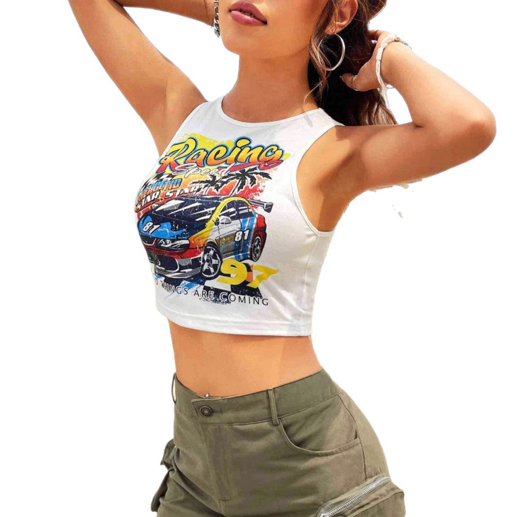 Damen Cropped Tank-Top mit kreativem Rennsport-Motiv und lässigem Schnitt Echo Archiv