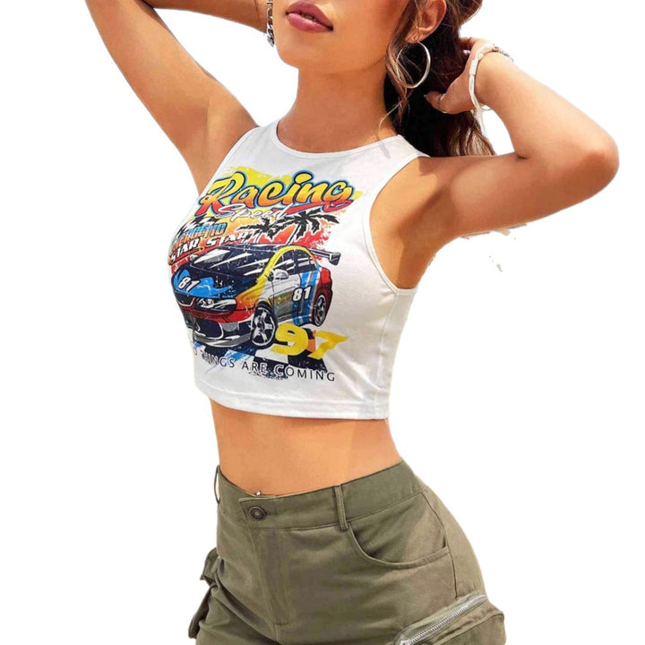 Damen Cropped Tank-Top mit kreativem Rennsport-Motiv und lässigem Schnitt Echo Archiv