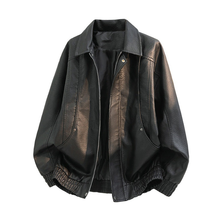 Herren übergroße Kunstleder-Feldjacke mit verdecktem Reißverschluss, elastischem Saum und aufgesetzten Taschen – Taviero