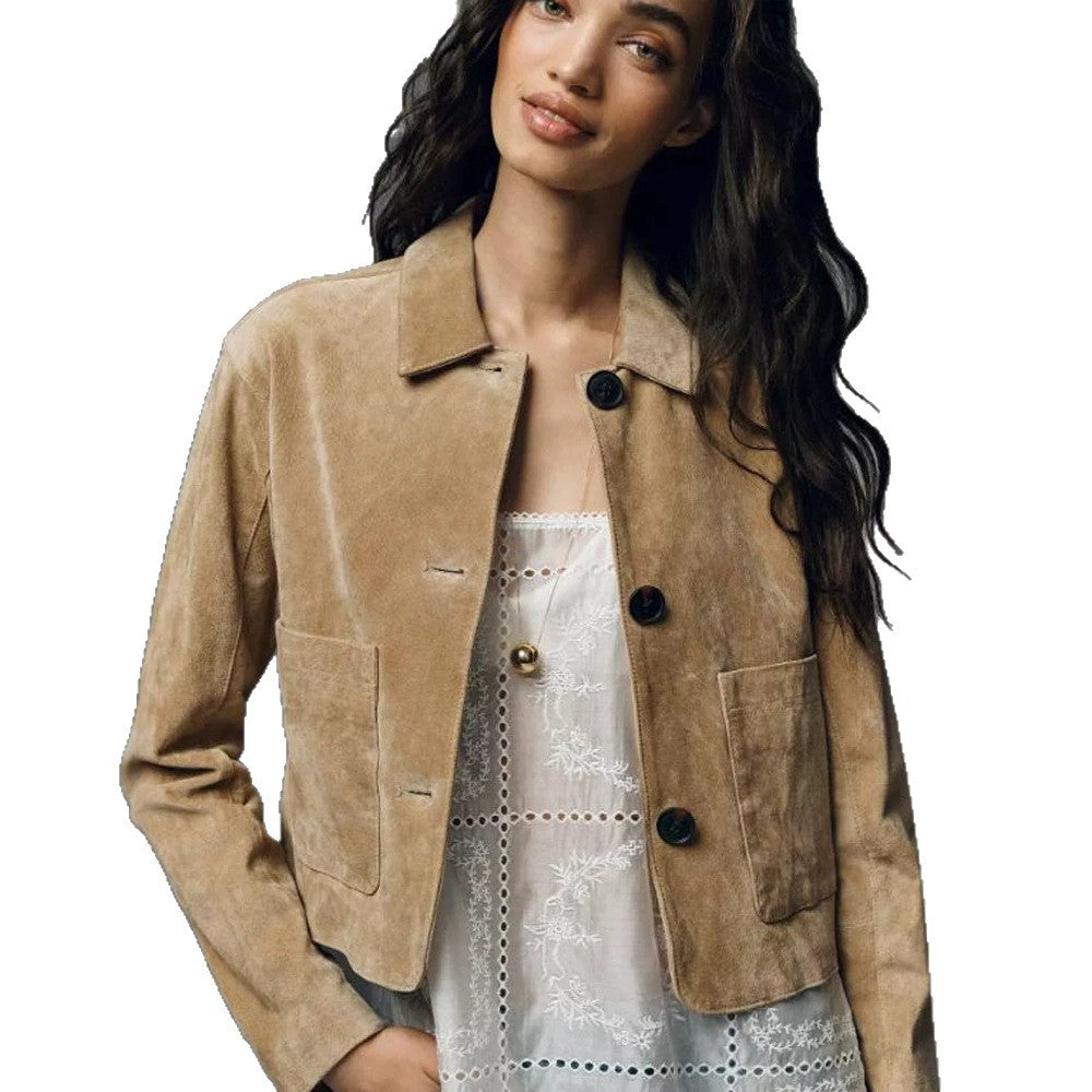 Damen Kurze Velourslederjacke im Clean-Cut mit aufgesetzten Taschen Echoarchiv