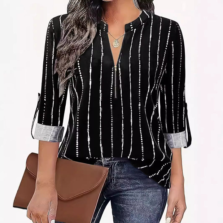 Damen Leichte Viskose-Bluse mit Stehkragen, Reißverschluss und vertikalem Punktstreifen – Élovi