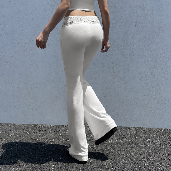 Damen lässige Flared-Loungehose mit verstellbarem Bund und Spitzenakzenten Echo Archiv