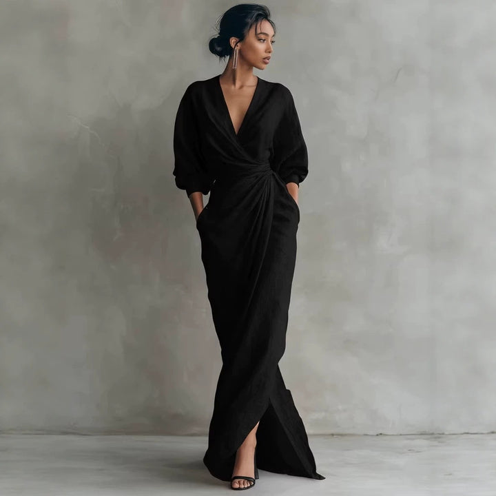 Damen Wickel-Maxikleid aus Leinenmix mit tiefem V-Ausschnitt und Ballonärmeln Echoarchiv
