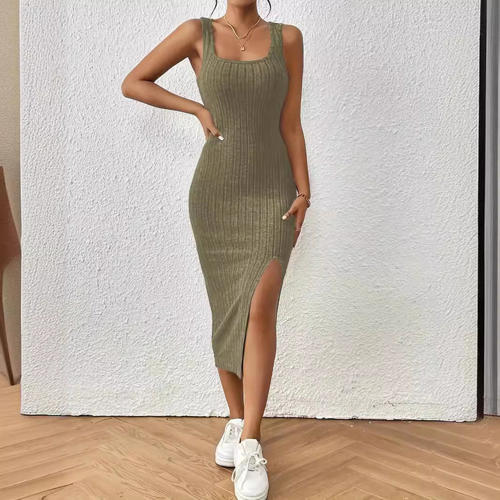 Damen figurbetontes Maxikleid mit hohem Schlitz und dekorativem Rippenmuster Echo Archiv