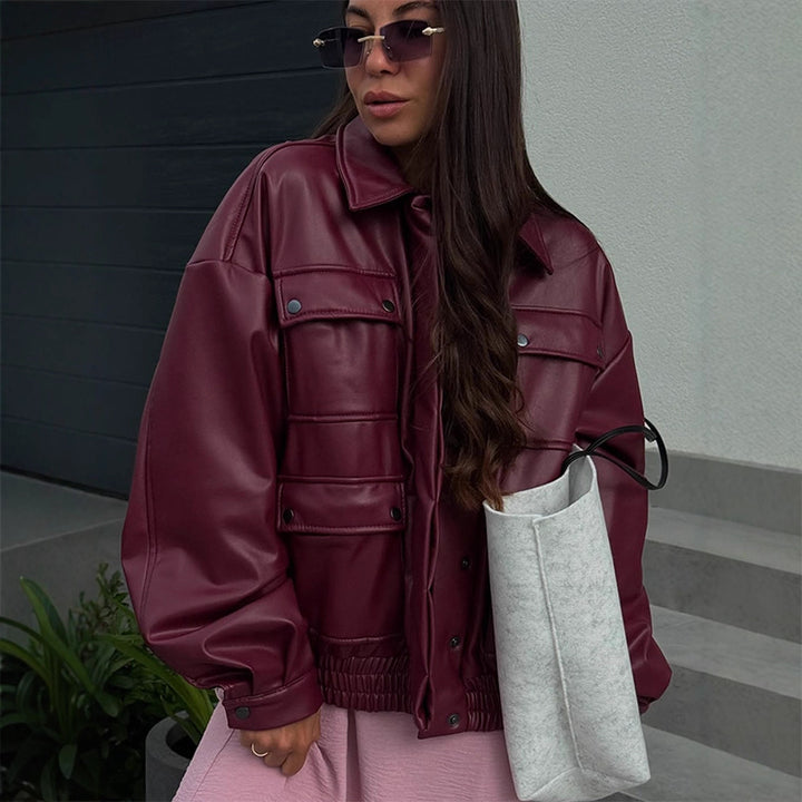 Damen Oversize Kunstlederjacke mit aufgesetzten Druckknopf-Taschen und elastischem Saum Echoarchiv