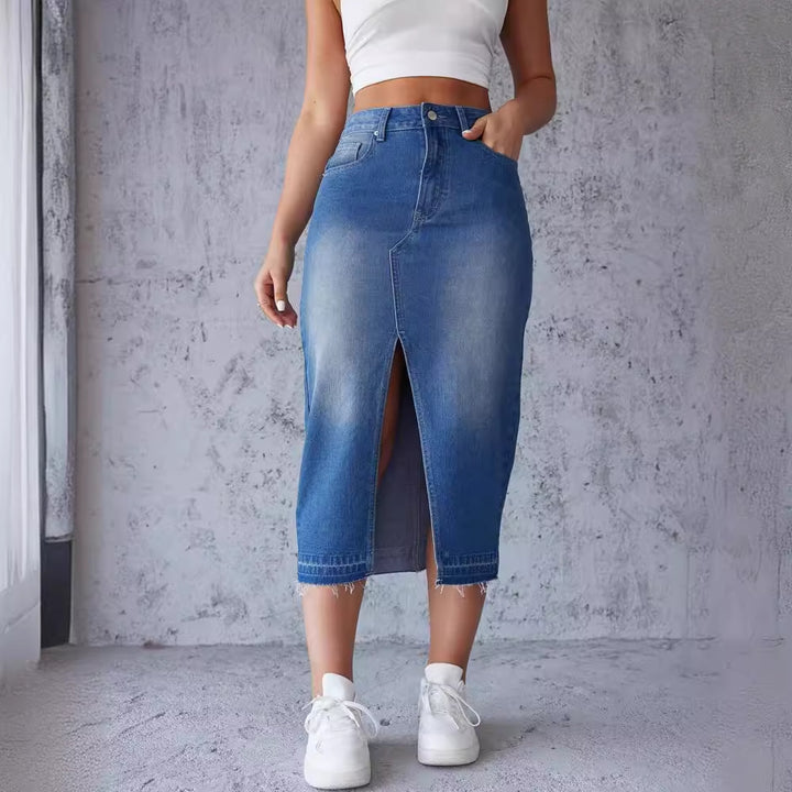 Damen nan figurbetonter Highwaist-Denim-Bleistiftrock mit vorderlichem Oberschenkelschlitz und rohem Saum Echo Archiv