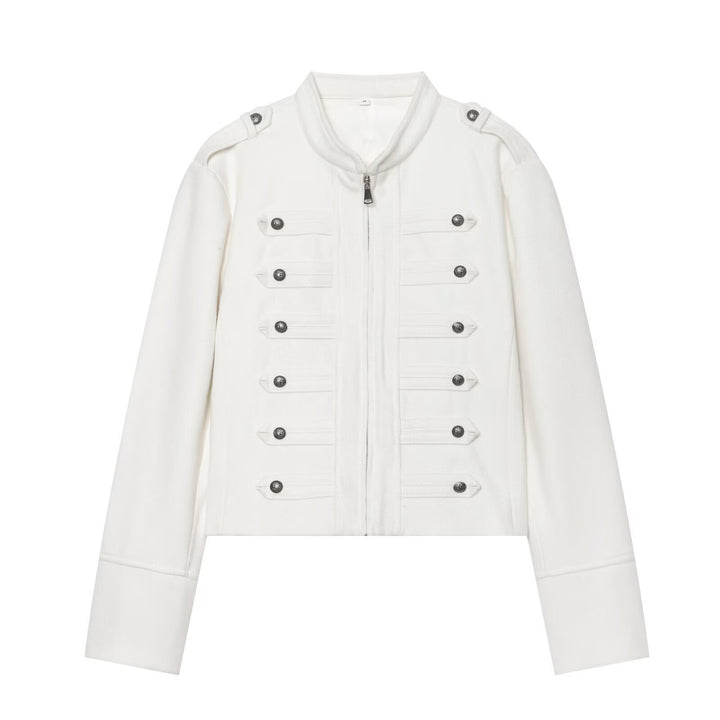 Damen Militärisch inspirierte kurze Wolljacke mit Stehkragen Echo Archiv