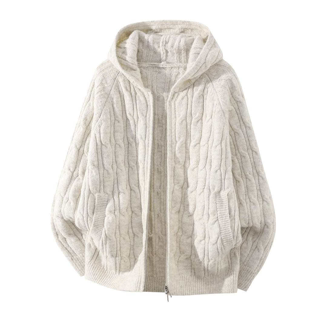 Damen Oversize Kapuzen-Strickjacke mit Zopfmuster und teilbarem Reißverschluss Echoarchiv