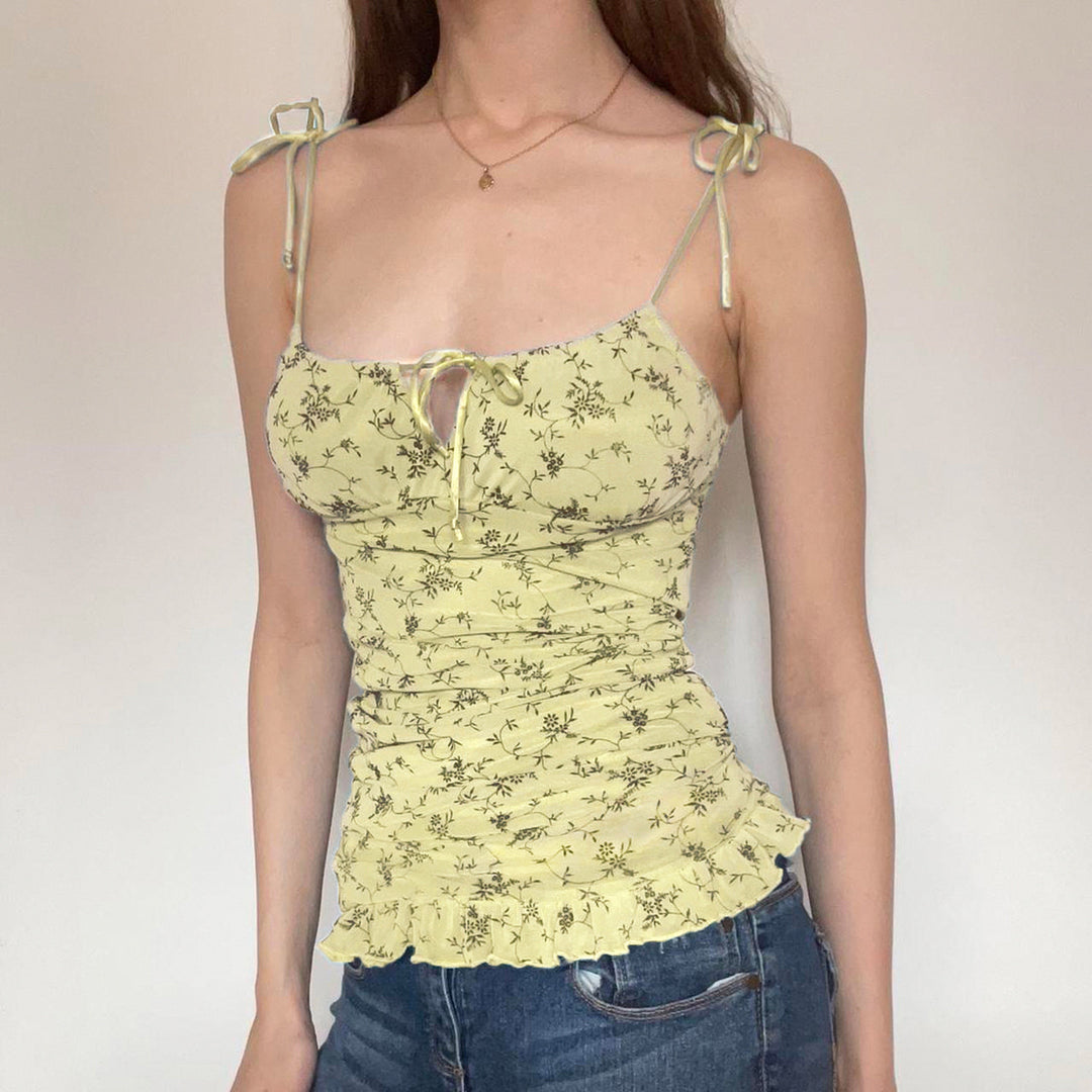 Damen luftiges Blumenmuster Top mit Rüschendetails und verstellbaren Trägern Echo Archiv