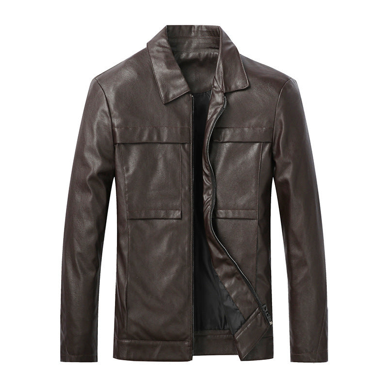 Herren Slim‑Fit Lederoptik-Truckerjacke mit Hemdkragen, verdecktem Reißverschluss und Pattentaschen Echoarchiv