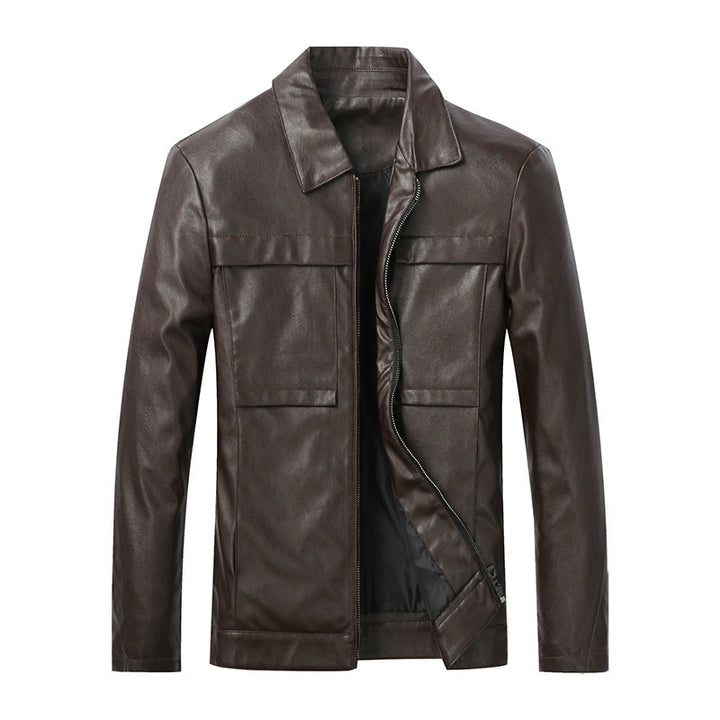 Herren Slim‑Fit Lederoptik-Truckerjacke mit Hemdkragen, verdecktem Reißverschluss und Pattentaschen Echoarchiv