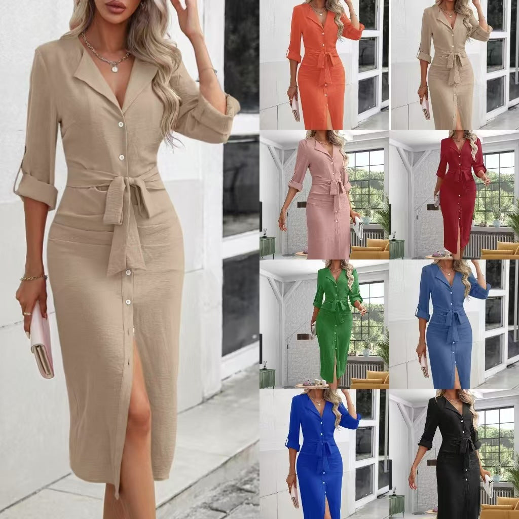 Damen Tailliertes Hemdblusen-Midikleid mit Bindegürtel, durchgehender Knopfleiste und Dreiviertelärmeln Echoarchiv