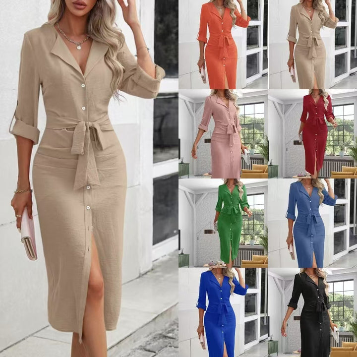 Damen Tailliertes Hemdblusen-Midikleid mit Bindegürtel, durchgehender Knopfleiste und Dreiviertelärmeln Echoarchiv