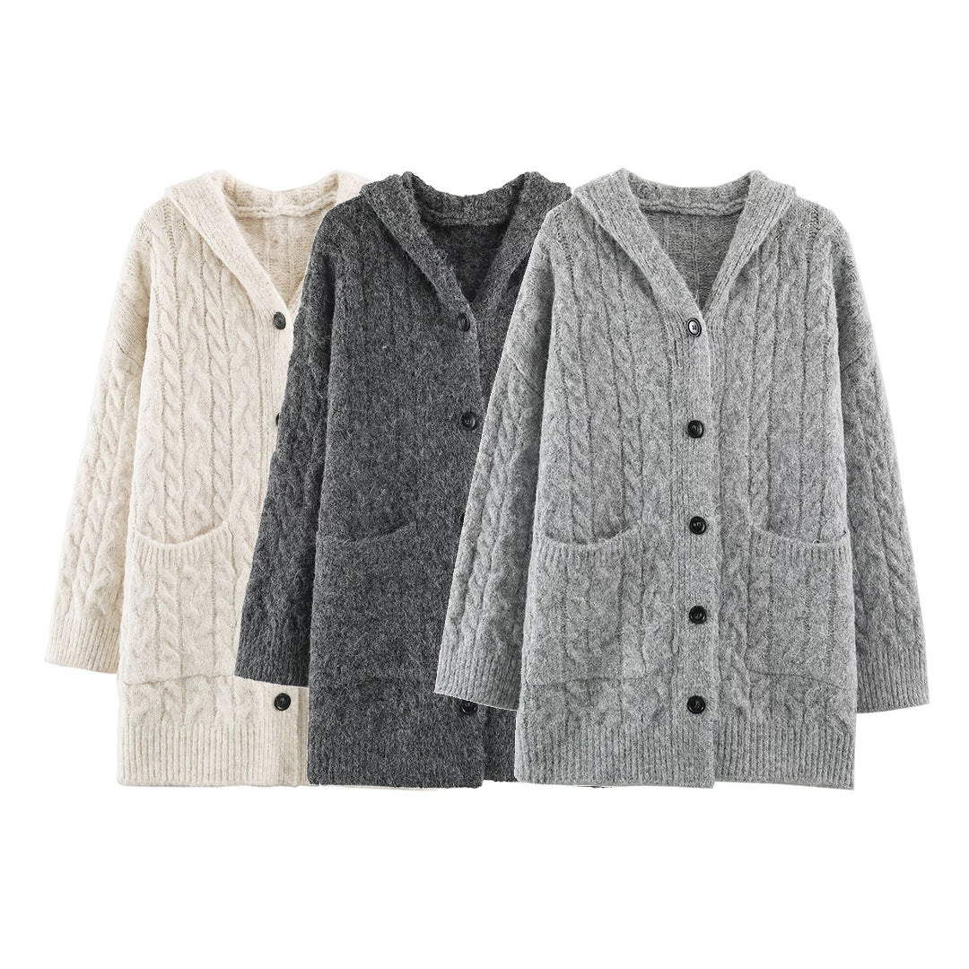 Damen Langgestrickter Kapuzen-Cardigan mit Zopfmuster und Knopfleiste Echoarchiv