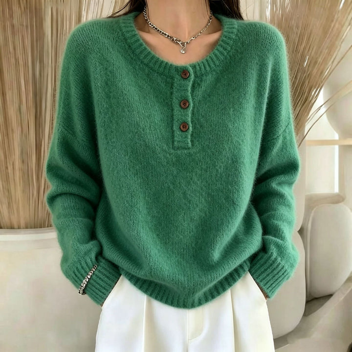 Damen Kuscheliger Rundhals-Henley-Pullover mit Knopfleiste und Raglanärmeln – Mavelle
