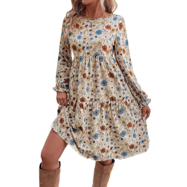 Damen Geblümtes Stufenmidikleid mit Rundhalsausschnitt, geraffter Taillenpartie und Ballonärmeln – Avérine