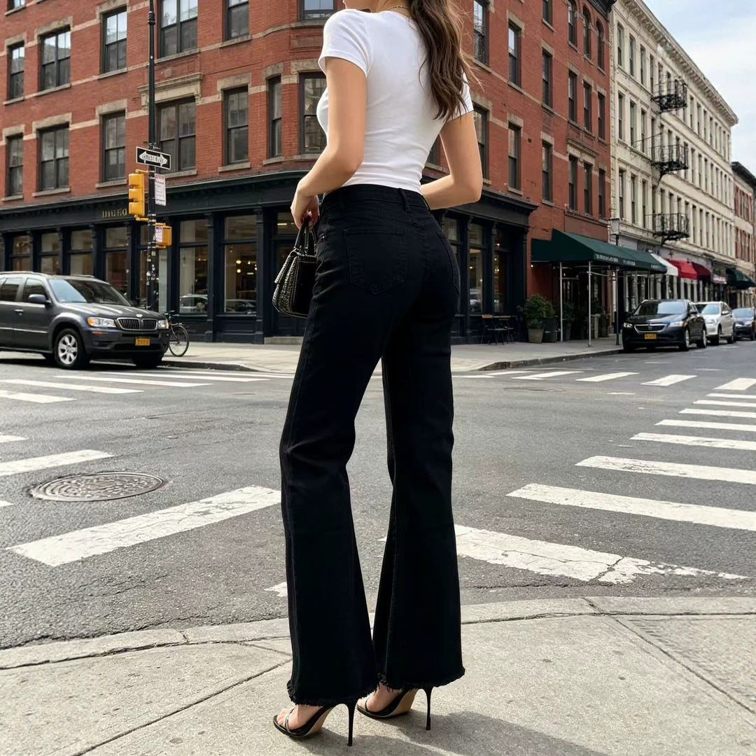 Damen nan hochgeschnittene Flared-Jeans mit taillierendem Bund, leichtem Stretch und rohem Saum Echo Archiv