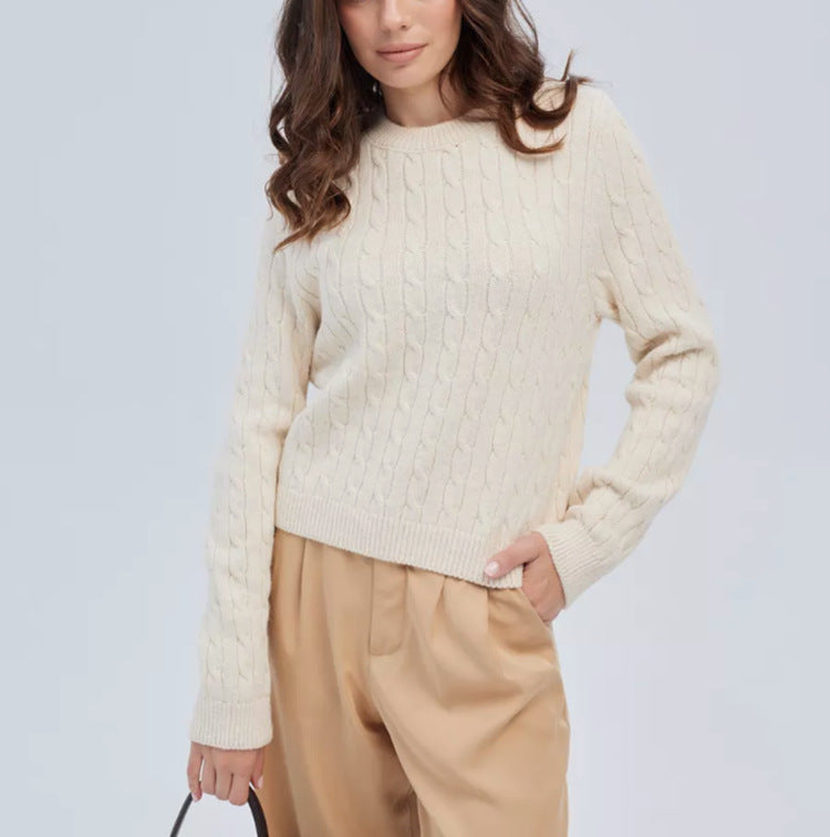 Damen Kabelstruktur‑Pullover im Zopfstrick mit Rundhalsausschnitt und nachhaltig weicher Wollmischung – Mavelle