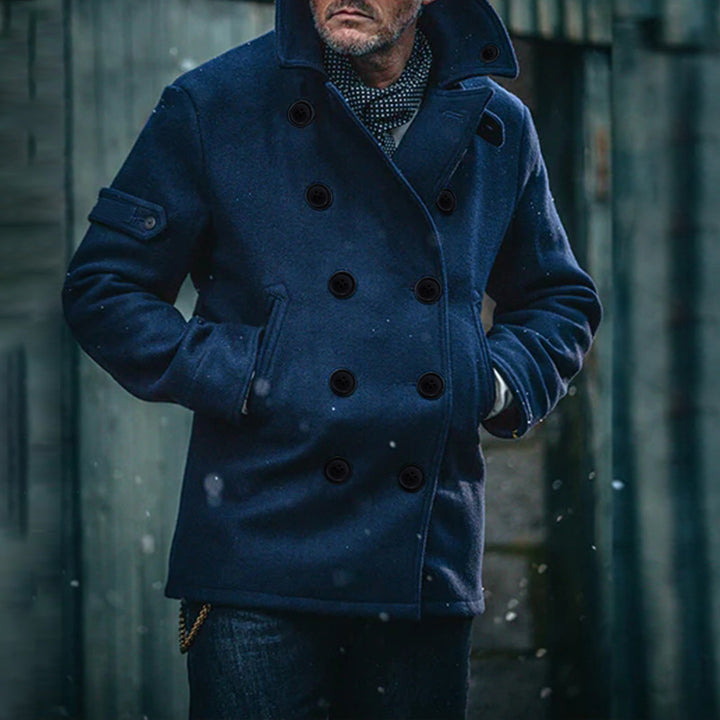 Herren Doppeltreihiger Wollmantel im Peacoat-Stil mit hohem Kragen Echoarchiv