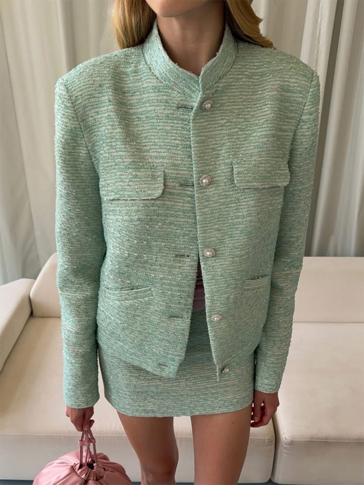 Damen Tweed-Zweiteiler Kurzjacke und Minirock im Bouclé-Stil Echoarchiv