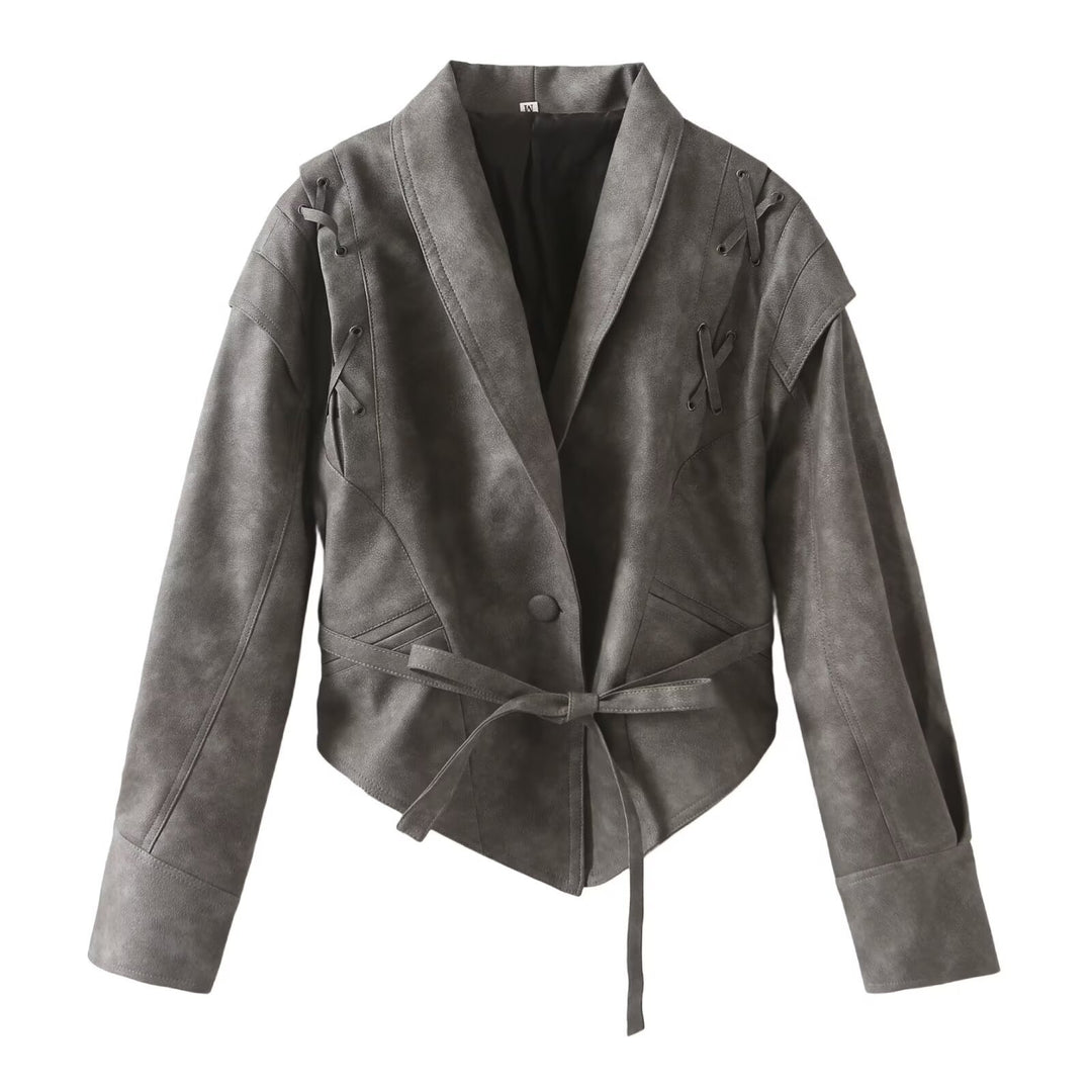Damen Kurzjacke im Wildlederlook mit Schalkragen, Schnürdetails und Taillengürtel Echo Archiv