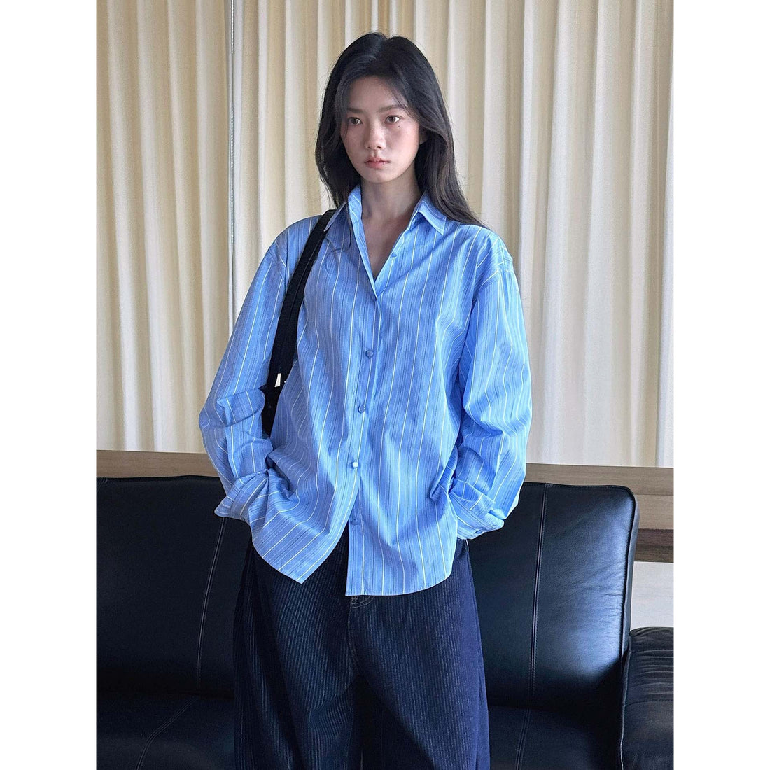 Damen Oversized Hemdbluse aus Baumwollpopeline mit feinen Streifen Echoarchiv