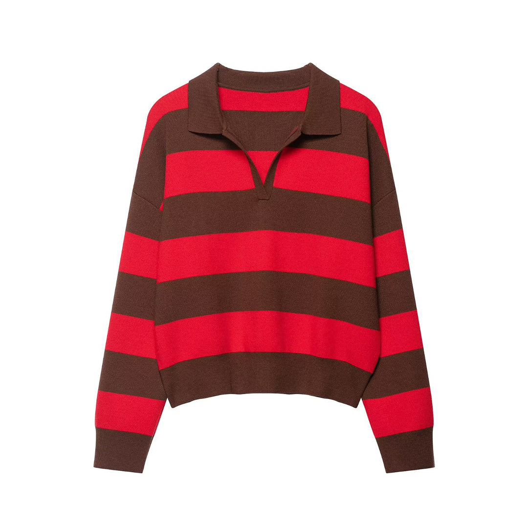 Damen Gestreifter Rugby-Polo-Pullover mit V-Notch und Cropped-Saum Echo Archiv