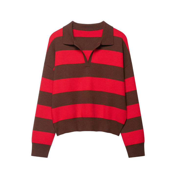 Damen Gestreifter Rugby-Polo-Pullover mit V-Notch und Cropped-Saum Echo Archiv