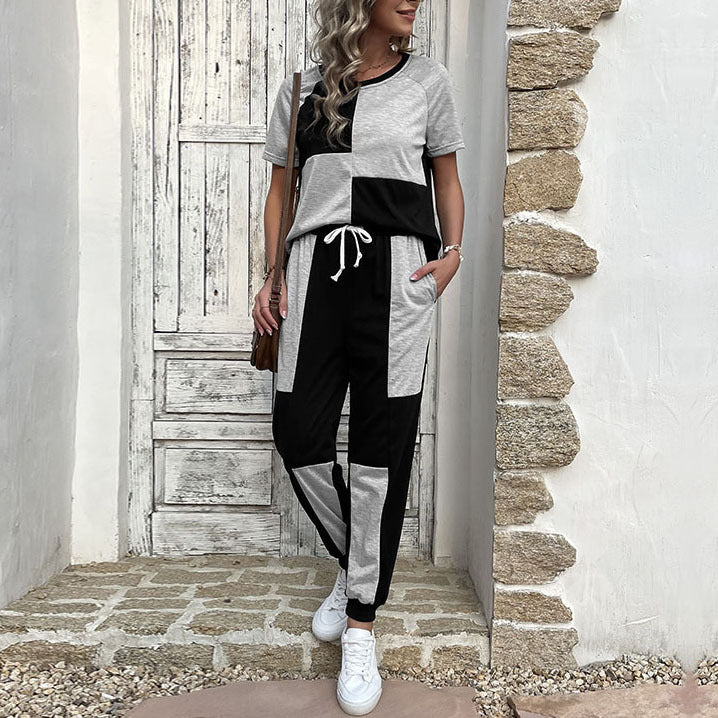 Damen Zweiteiler Freizeit-Set aus Baumwollmix mit Colorblock-Shirt und Jogginghose – Élanora