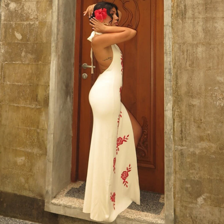 Damen Elegantes Maxikleid mit floralem Print und transparentem Schlitz Echo Archiv
