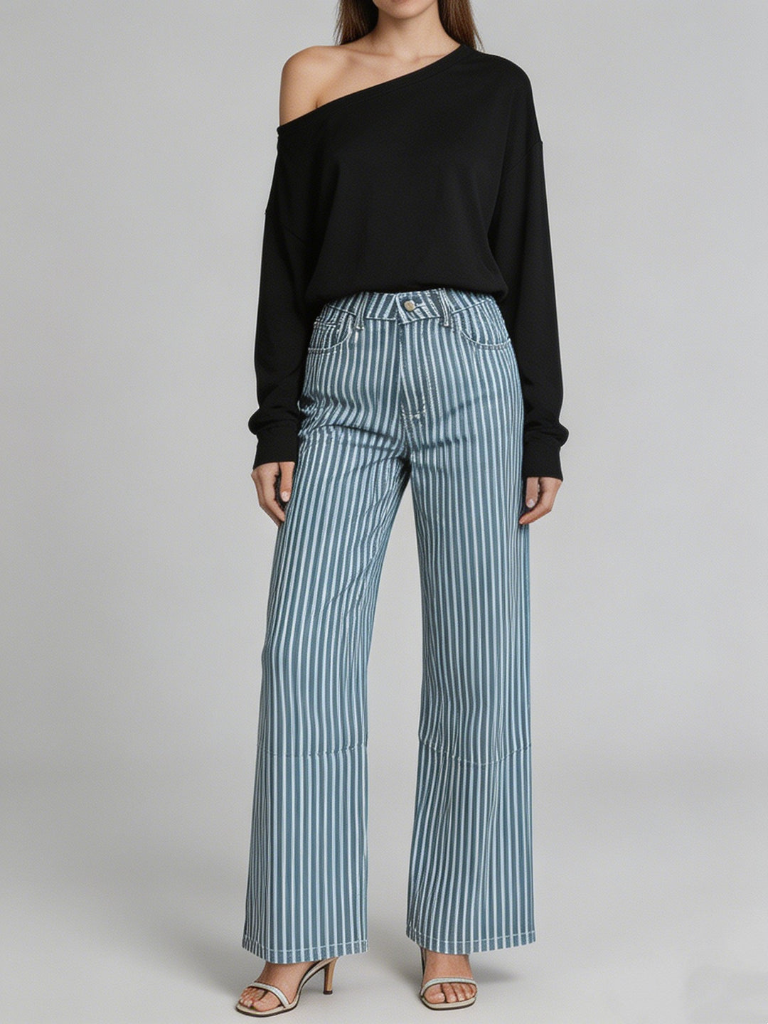 Damen nan weite High-Waist Palazzohose mit vertikalen Streifenoptik und abgesteppten Kniepartien Echo Archiv