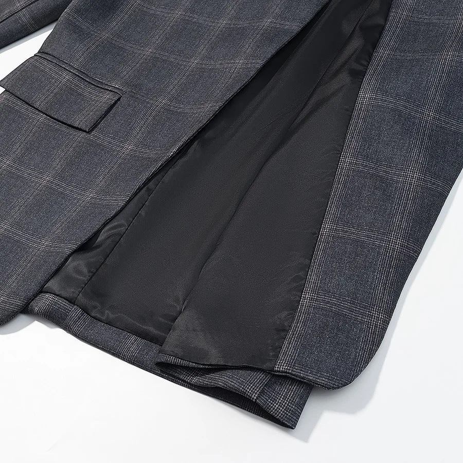 Herren asymmetrischer Stehkragenblazer mit Glencheckmuster, verdeckter Überlappungsfront und Pattentaschen – Tianoro