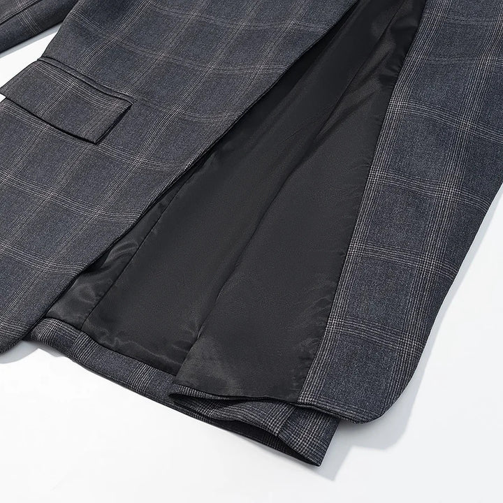 Herren asymmetrischer Stehkragenblazer mit Glencheckmuster, verdeckter Überlappungsfront und Pattentaschen – Tianoro