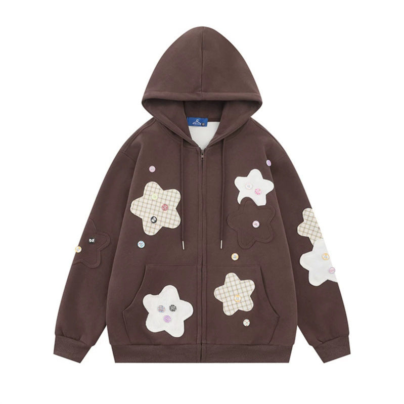 Damen Oversize-Zip-Hoodie mit floralen Stern-Applikationen und Knopf-Details Echoarchiv