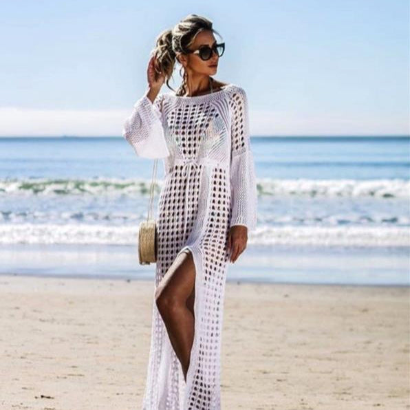 Damen Häkel-Strandkleid mit tiefem V-Ausschnitt und voluminösen Ärmeln Echo Archiv