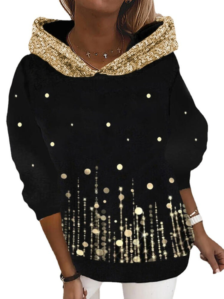 Damen Halloween Kapuzenpullover mit Kürbis- und Katzenprint, Paillettenbesatz und Oversize-Schnitt – Auréline