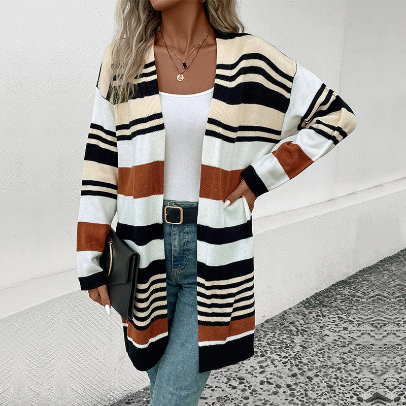 Damen Oversize Strickcardigan mit Blockstreifen, offener Front und langen Ärmeln Echoarchiv