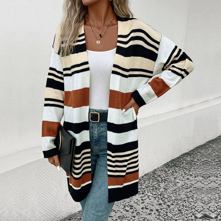 Damen Oversize Strickcardigan mit Blockstreifen, offener Front und langen Ärmeln Echoarchiv