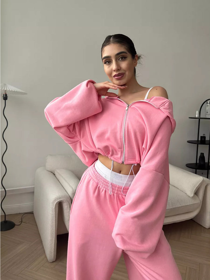 Damen kurzes Kapuzenzipper-Lounge-Set mit oversized Ärmeln und weitem Jogginghose-Schnitt – Auréline