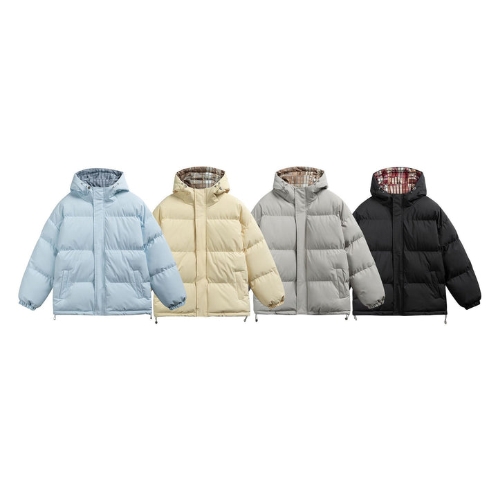 Damen Wattierte Oversize-Steppjacke mit Kapuze, hohem Kragen und karierter Futterverzahnung Echoarchiv