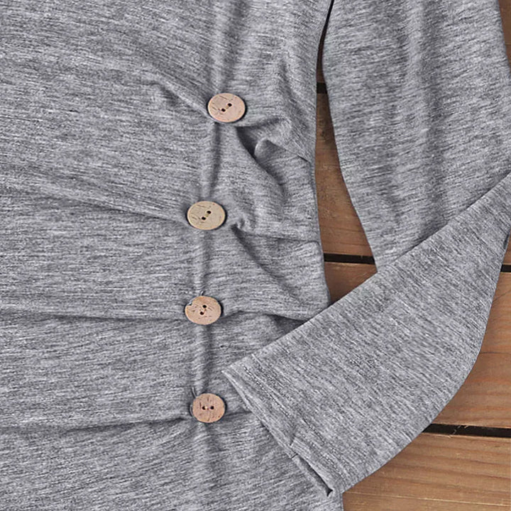 Damen asymmetrisches Langarmshirt mit One-Shoulder, Raffung und Zierknöpfen – Avérine