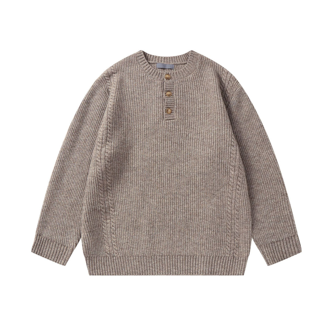 Unisex Strickpullover mit Henley-Knopfleiste und Zopfmuster Echoarchiv