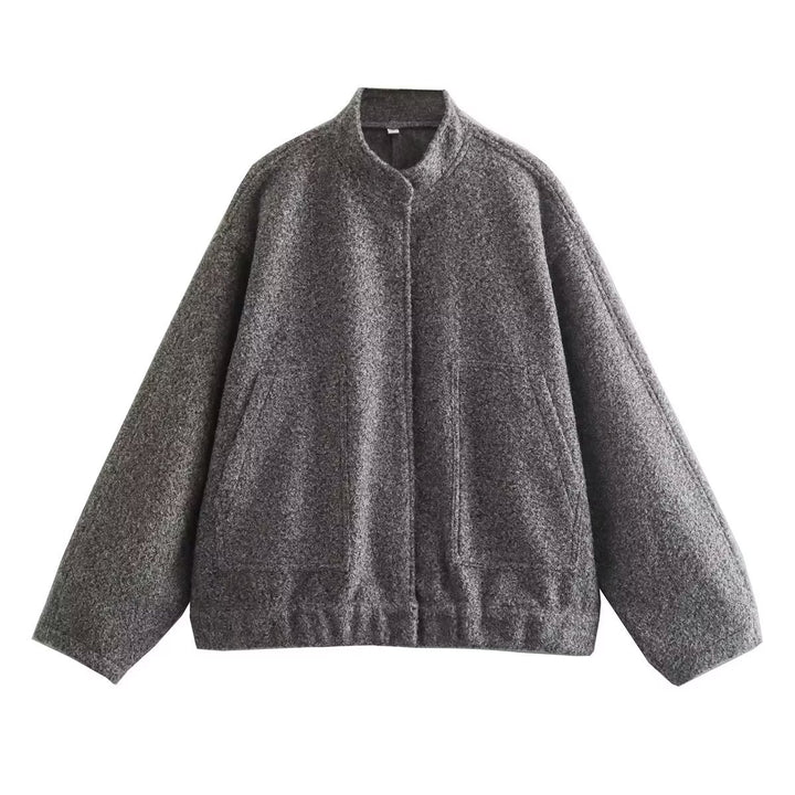 Damen boxy Wollmix-Blouson mit Stehkragen, verdeckter Frontleiste, Eingrifftaschen und elastischem Saum – Célinea