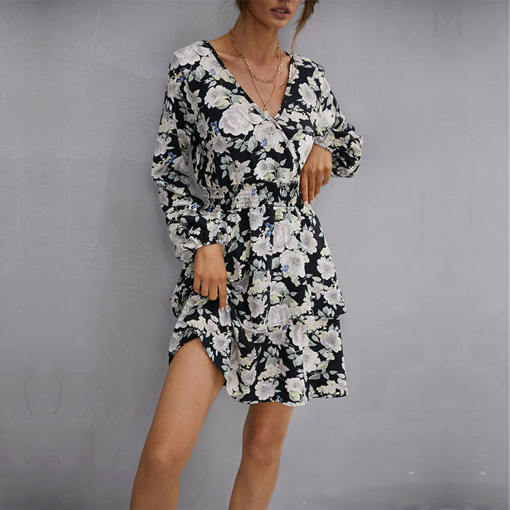 Damen Florales Minikleid mit Wickeloberteil, Smok-Taillenband und Stufenrock Echoarchiv