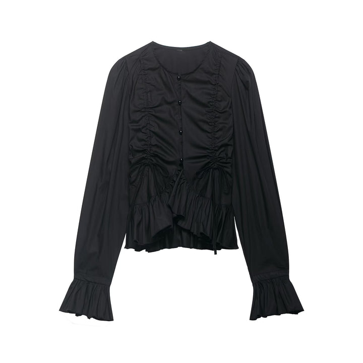 Damen Rüschige Bluse mit Kordelzug, Ballonärmeln und Volant-Saum Echo Archiv