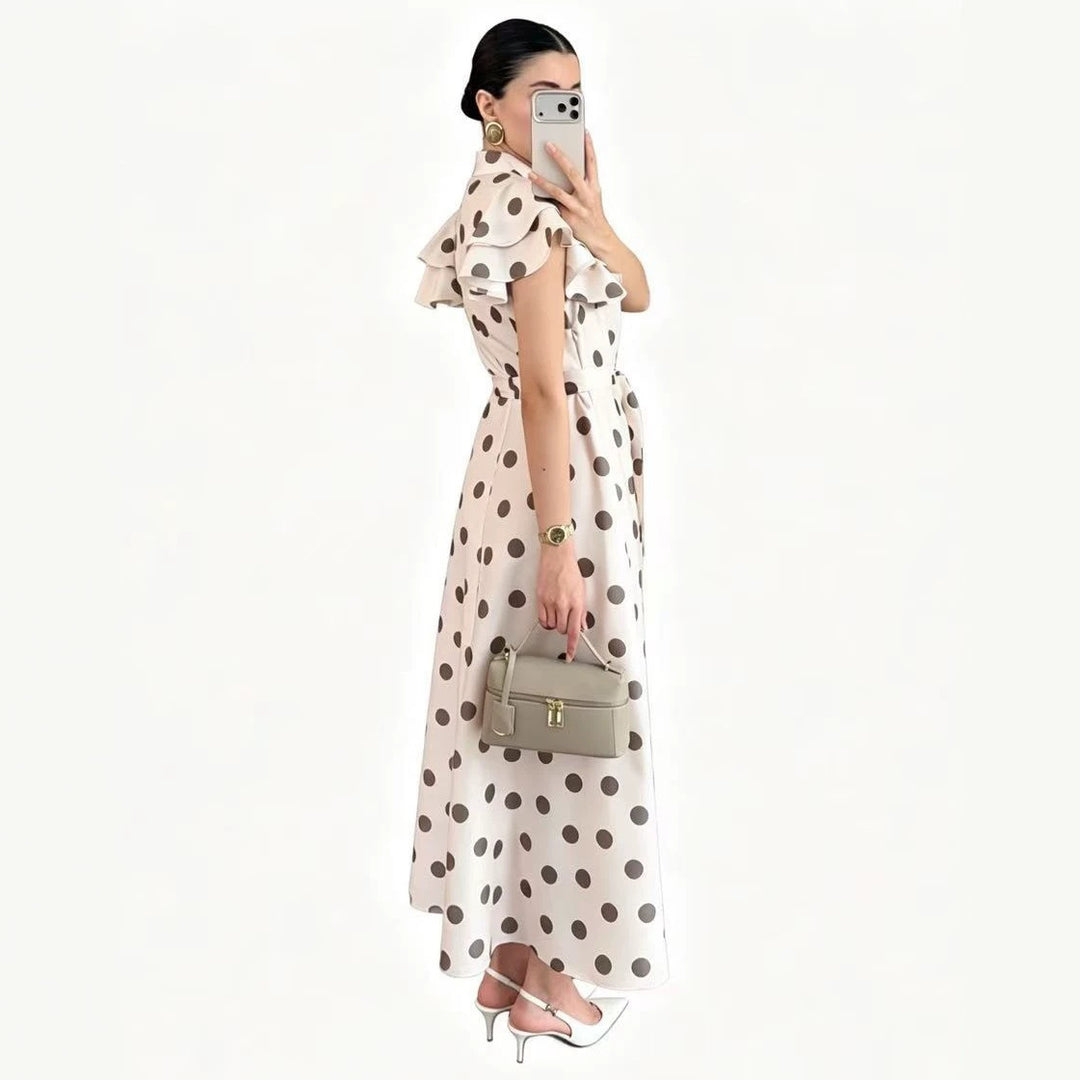 Damen Gepunktetes Maxikleid mit Stehkragen, Volantärmeln und Bindegürtel – Valéora