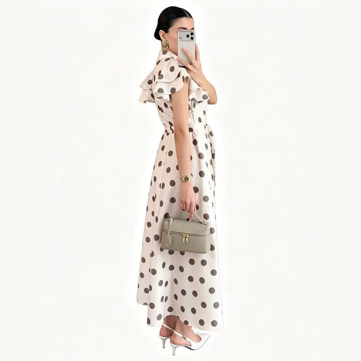Damen Gepunktetes Maxikleid mit Stehkragen, Volantärmeln und Bindegürtel – Valéora