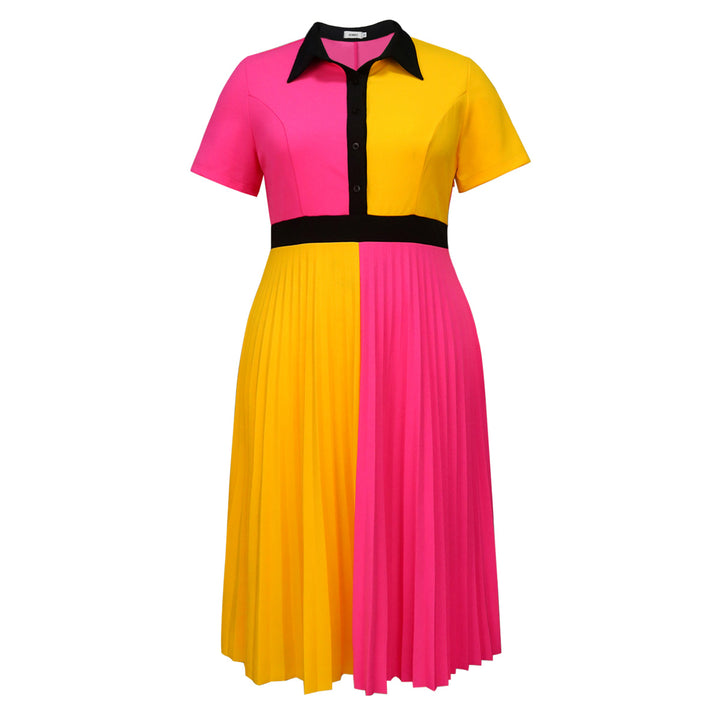 Damen plissiertes Kleid mit Umschlagkragen und kontrastierenden Farbblöcken Echo Archiv